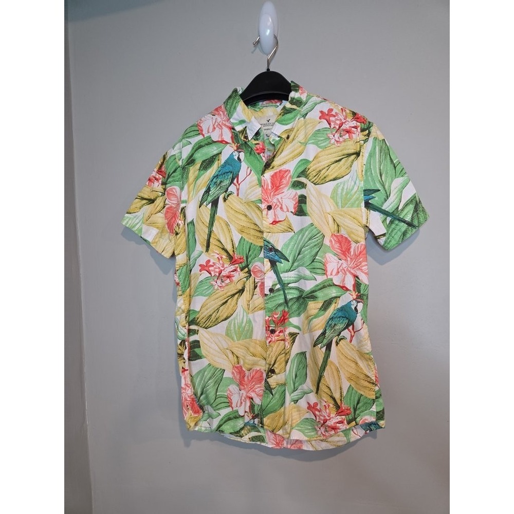 American Eagle Parrot Floral Tropical Hawaiian Shirt Mens Medium Short Sleeve M